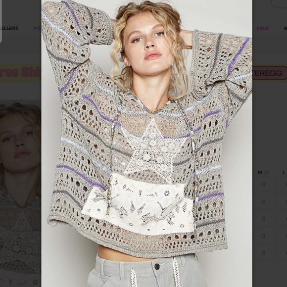 NWOT POL Boho Oversized Gray Purple Open Crochet Hoodie with Star Patch Pocket - Picture 2 of 7